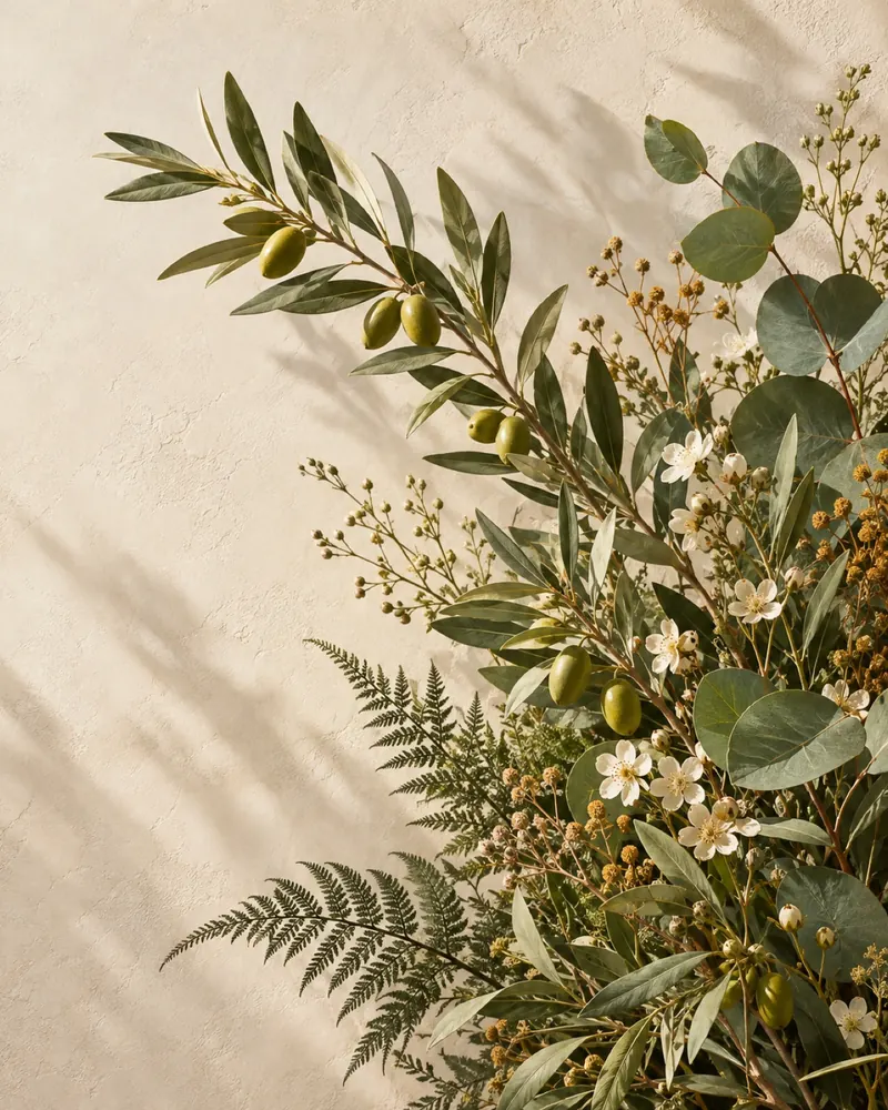 Feuilles de sauge, branches d’olivier et fleurs délicates dans une lumière douce